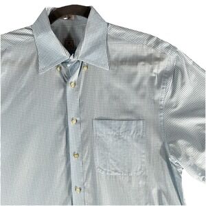 Peter Millar Short Sleeve Mens L Blue Gingham Cotton Button Down Plaid Luxury